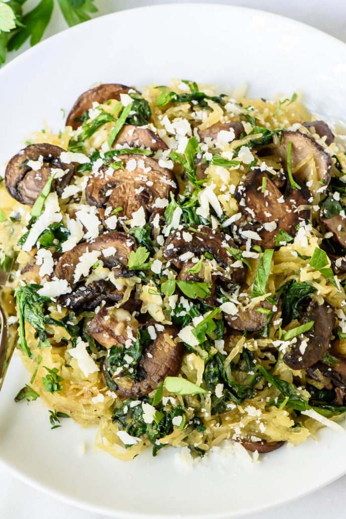 Roasted Spaghetti Squash with Mushrooms, Spinach and Parmesan – Just Farmed